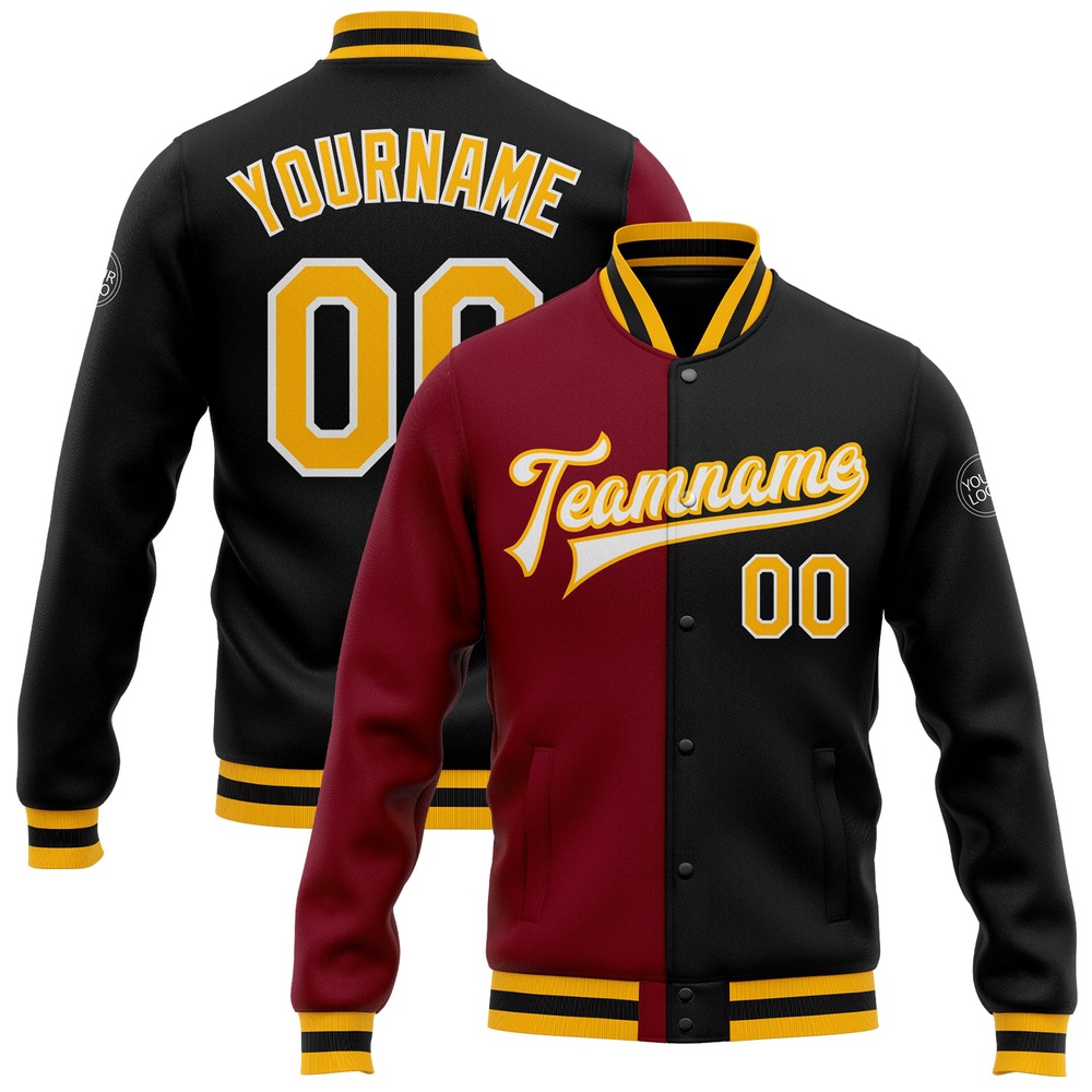 Custom Black Gold Crimson Bomber Full Snap Varsity Letterman Split Fashion Jacket, Custom Team Jacket