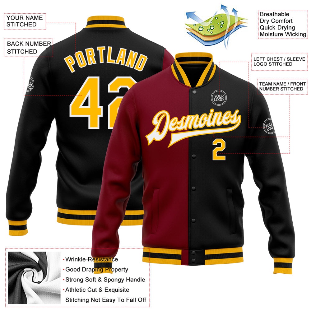 Custom Black Gold Crimson Bomber Full Snap Varsity Letterman Split Fashion Jacket, Custom Team Jacket