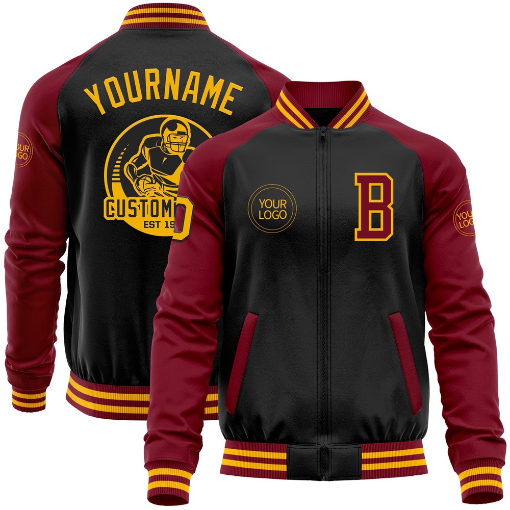 Custom Black Gold Crimson Bomber Varsity Baseball Jacket, Custom Team Jacket
