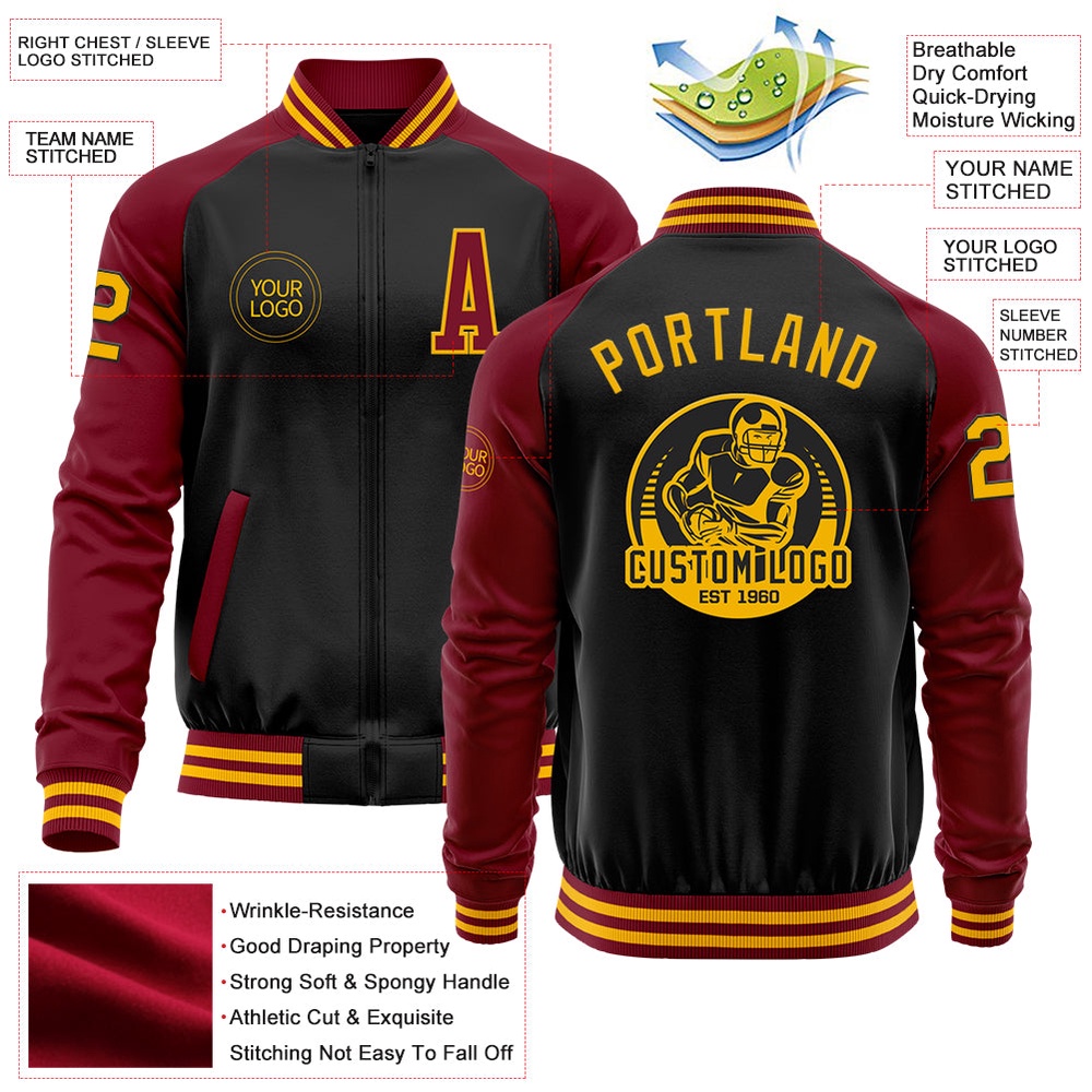 Custom Black Gold Crimson Bomber Varsity Baseball Jacket, Custom Team Jacket