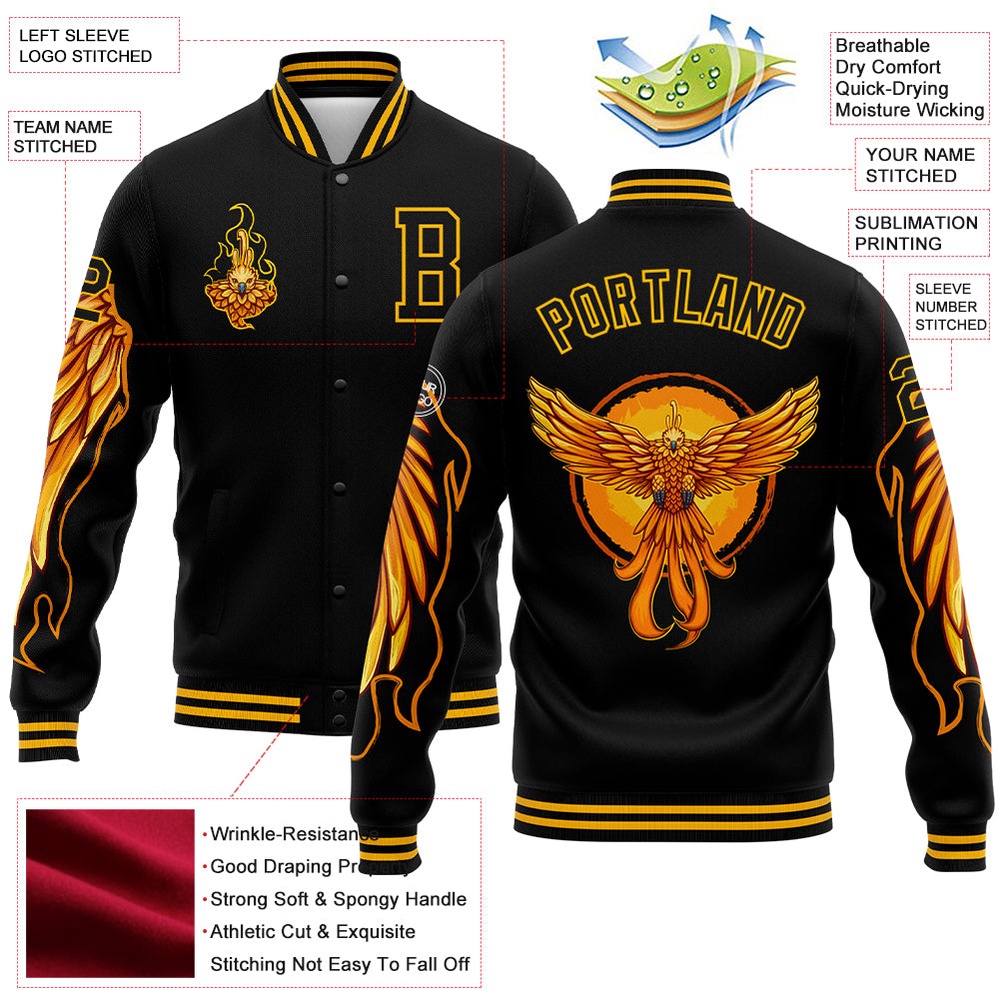 Custom Black Gold Fire Phoenix 3D Pattern Design Bomber Full Snap Baseball Jacket, Custom Team Jacket