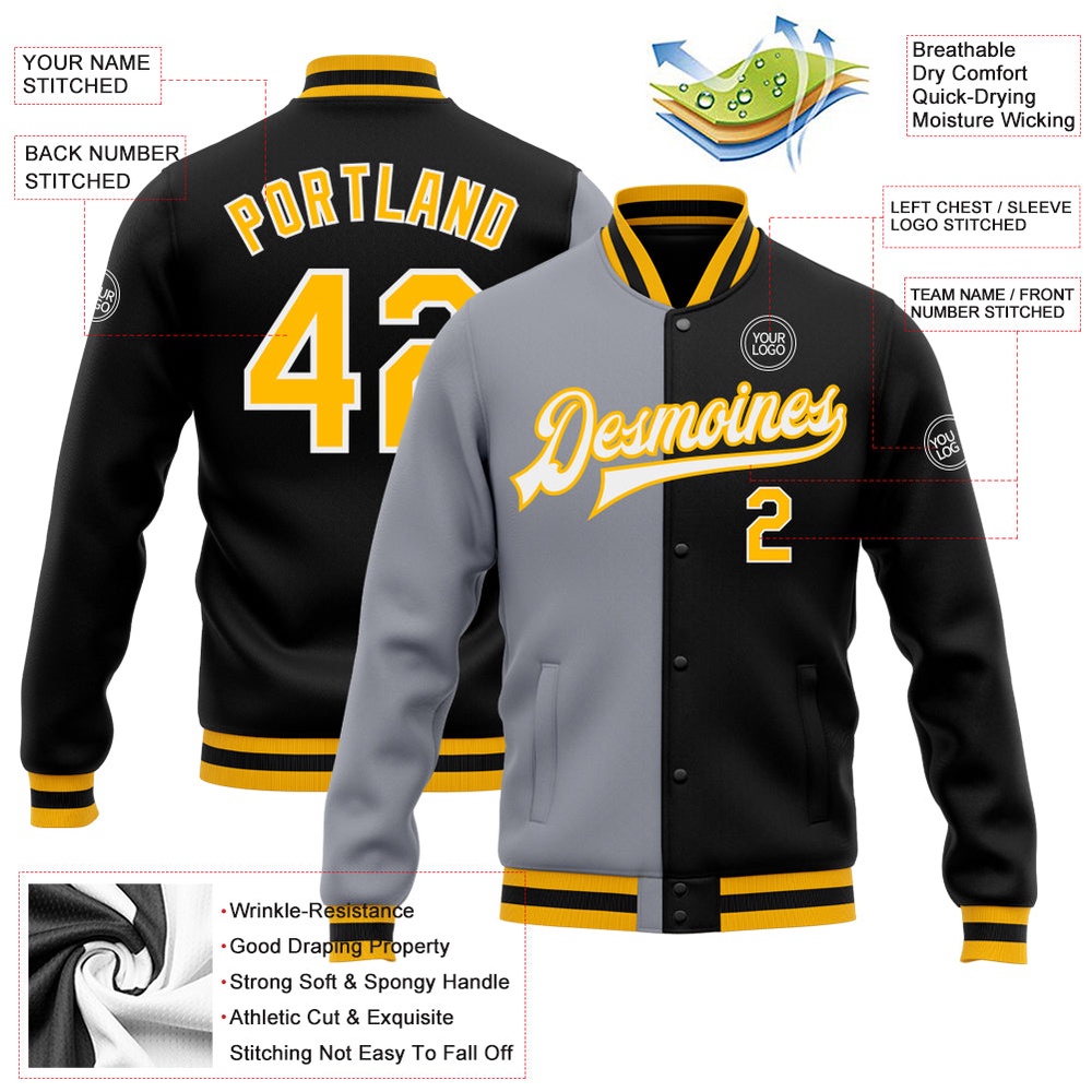 Custom Black Gold Gray Bomber Full Snap Varsity Letterman Split Fashion Jacket, Custom Team Jacket