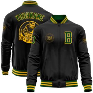 Custom Black Gold Green Bomber Varsity Baseball&hellip;