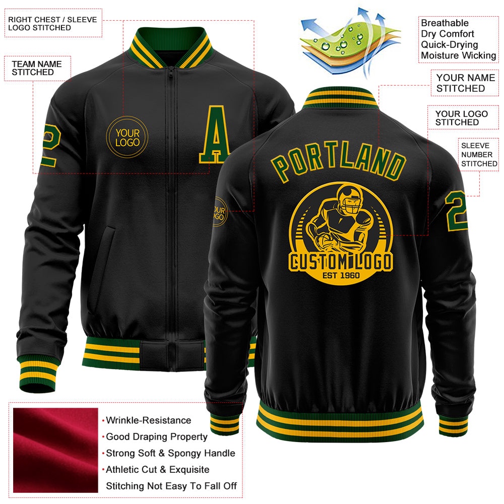 Custom Black Gold Green Bomber Varsity Baseball Jacket, Custom Team Jacket