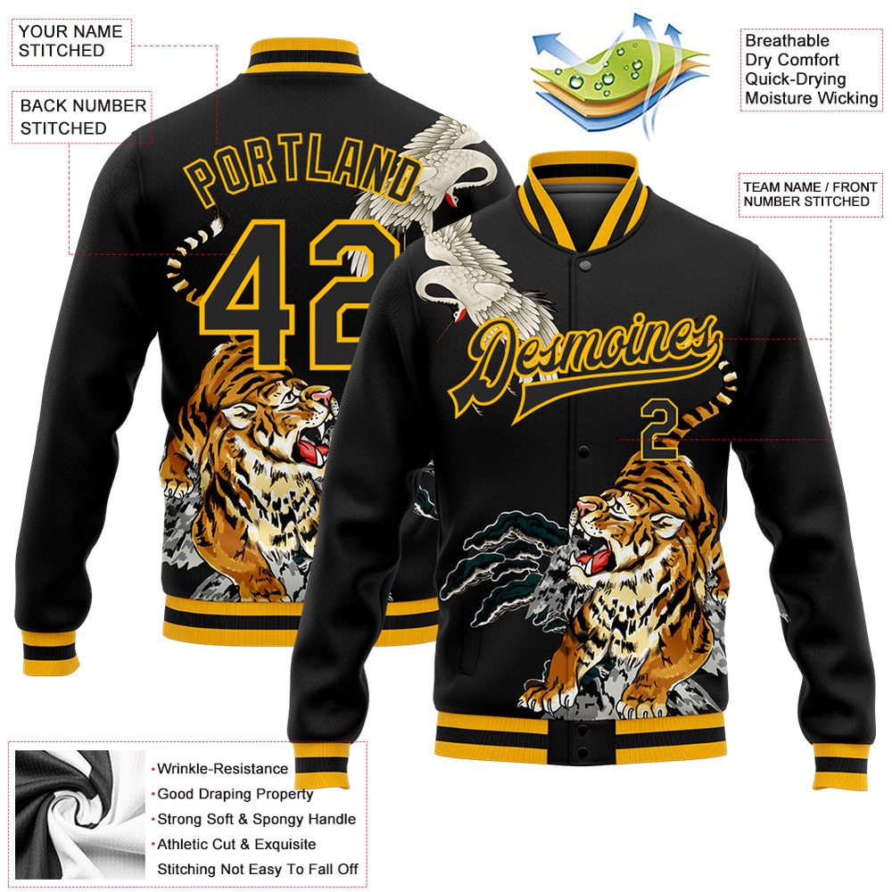 Custom Black Gold Heron And Tiger 3D Pattern Design Bomber Full Snap Baseball Jacket, Custom Team Jacket