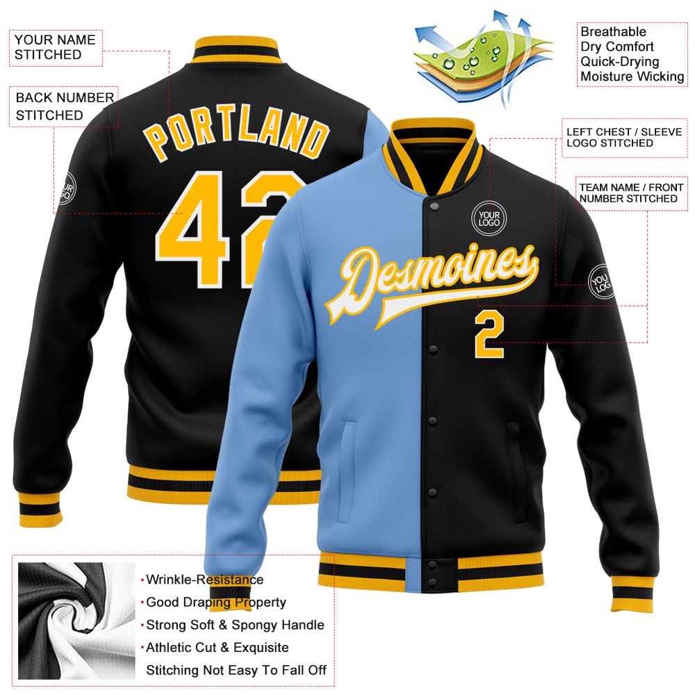 Custom Black Gold Light Blue Bomber Full Snap Varsity Letterman Split Fashion Jacket, Custom Team Jacket