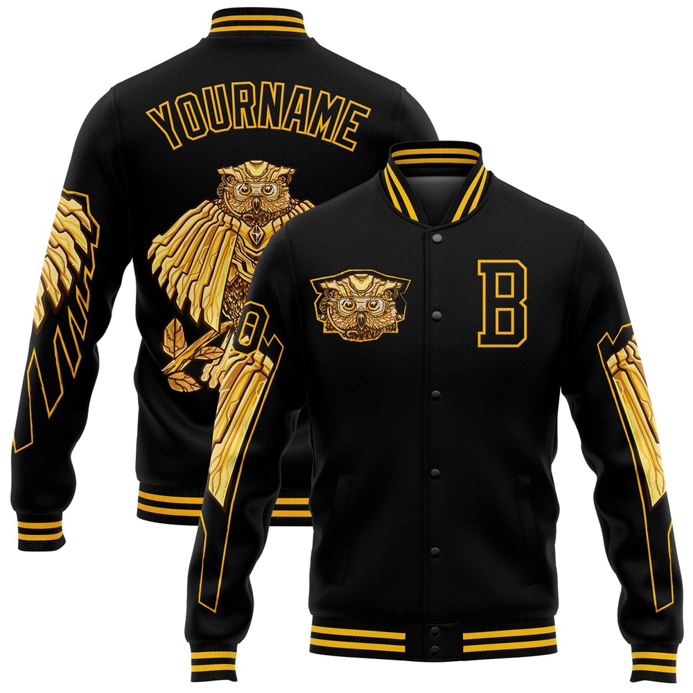 Custom Black Gold Owl 3D Pattern Design Bomber Full Snap Baseball Jacket, Custom Team Jacket