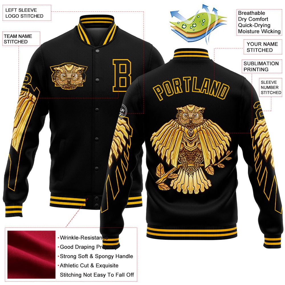 Custom Black Gold Owl 3D Pattern Design Bomber Full Snap Baseball Jacket, Custom Team Jacket