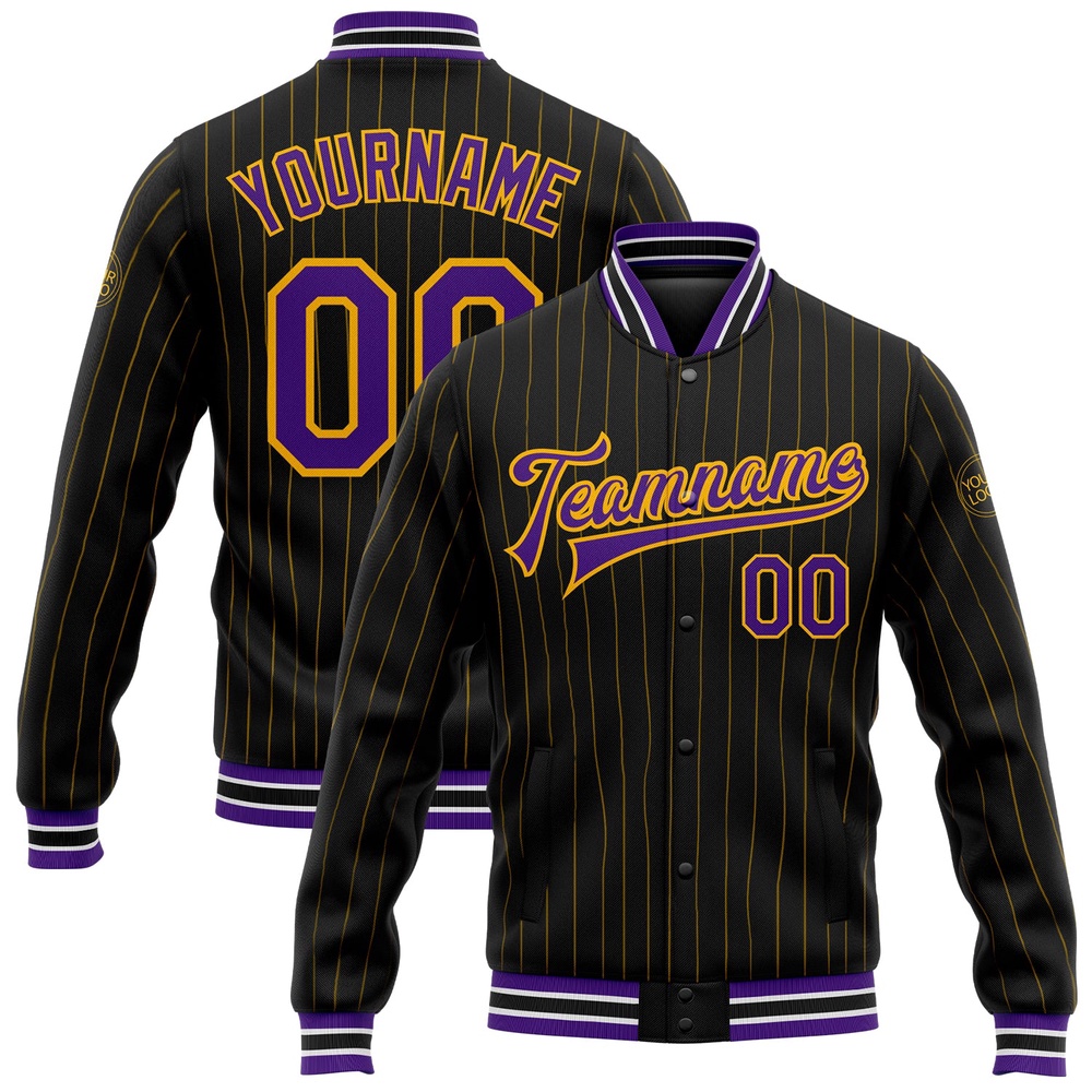 Custom Black Gold Pinstripe Purple White Bomber Full Snap Baseball Jacket, Custom Team Jacket