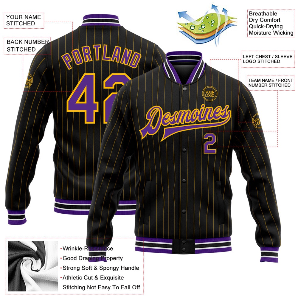 Custom Black Gold Pinstripe Purple White Bomber Full Snap Baseball Jacket, Custom Team Jacket