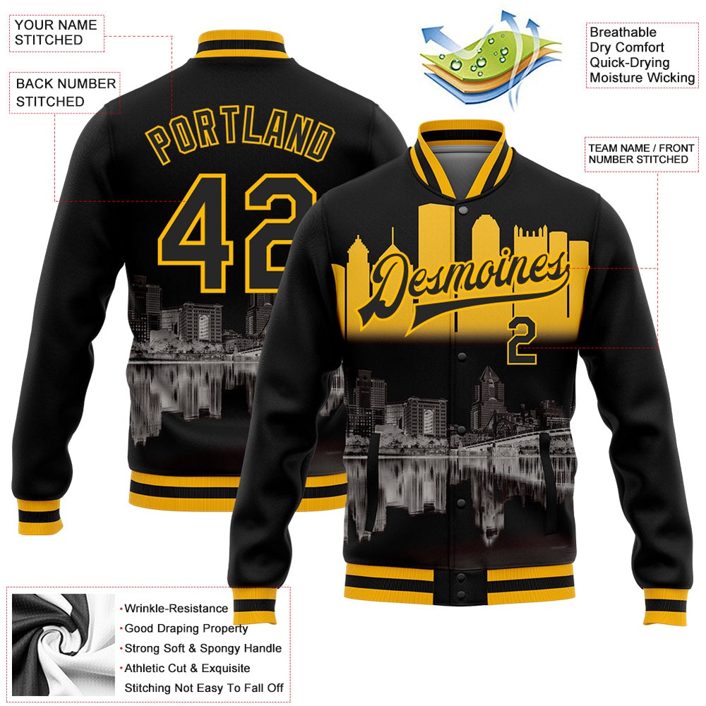 Custom Black Gold Pittsburgh Pennsylvania City Edition 3D Bomber Full Snap Baseball Jacket, Custom Team Jacket