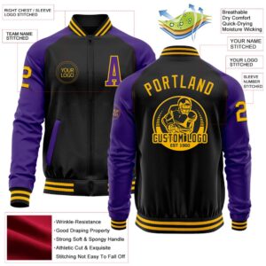 Custom Black Gold Purple Bomber Varsity Baseball&hellip;