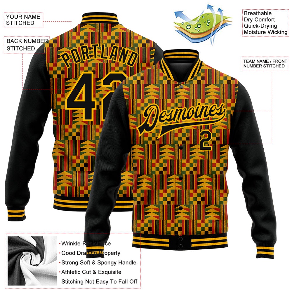 Custom Black Gold Red Kelly Green Black History Month 3D Pattern Design Bomber Full Snap Baseball Jacket, Custom Team Jacket