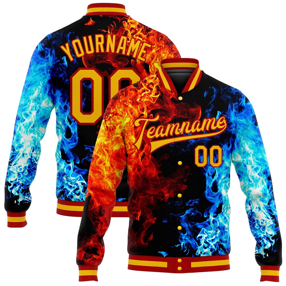Custom Black Gold Red Royal Flame 3D Pattern Design Bomber Full Snap Baseball Jacket, Custom Team Jacket
