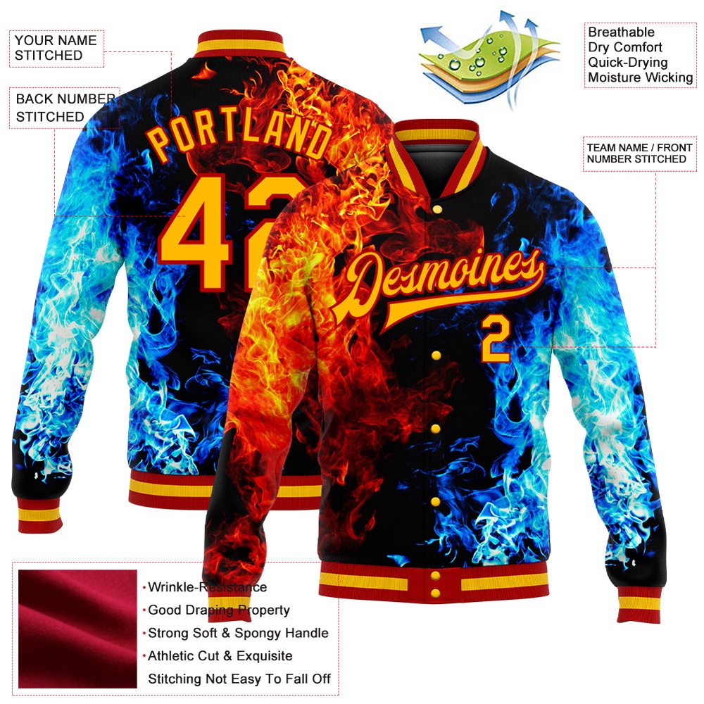 Custom Black Gold Red Royal Flame 3D Pattern Design Bomber Full Snap Baseball Jacket, Custom Team Jacket