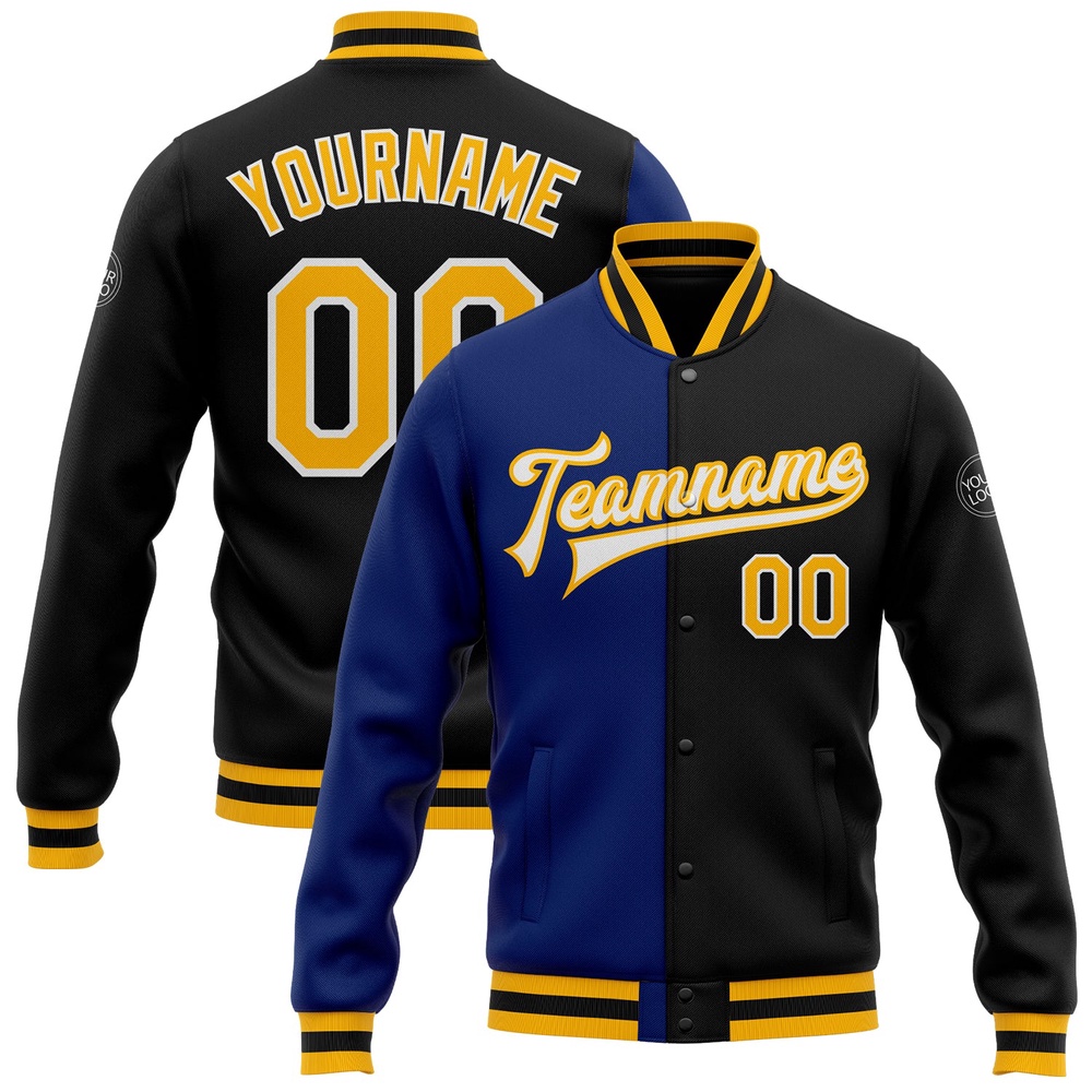 Custom Black Gold Royal Bomber Full Snap Varsity Letterman Split Fashion Jacket, Custom Team Jacket