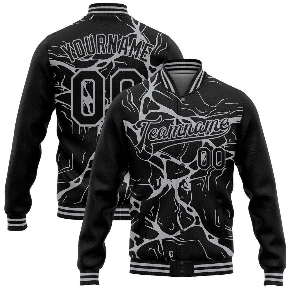 Custom Black Gray Abstract Network 3D Pattern Design Bomber Full Snap Baseball Jacket, Custom Team Jacket