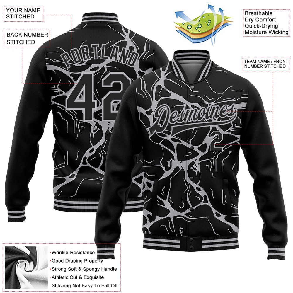 Custom Black Gray Abstract Network 3D Pattern Design Bomber Full Snap Baseball Jacket, Custom Team Jacket