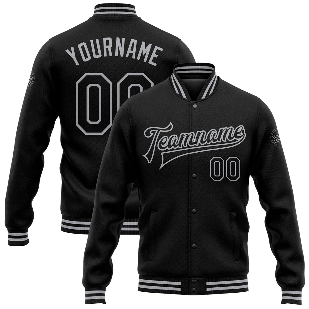Custom Black Gray Bomber Full Snap Baseball Jacket, Custom Team Jacket