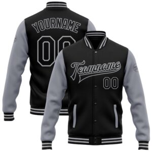 Custom Black Gray Bomber Full Snap Varsity&hellip;