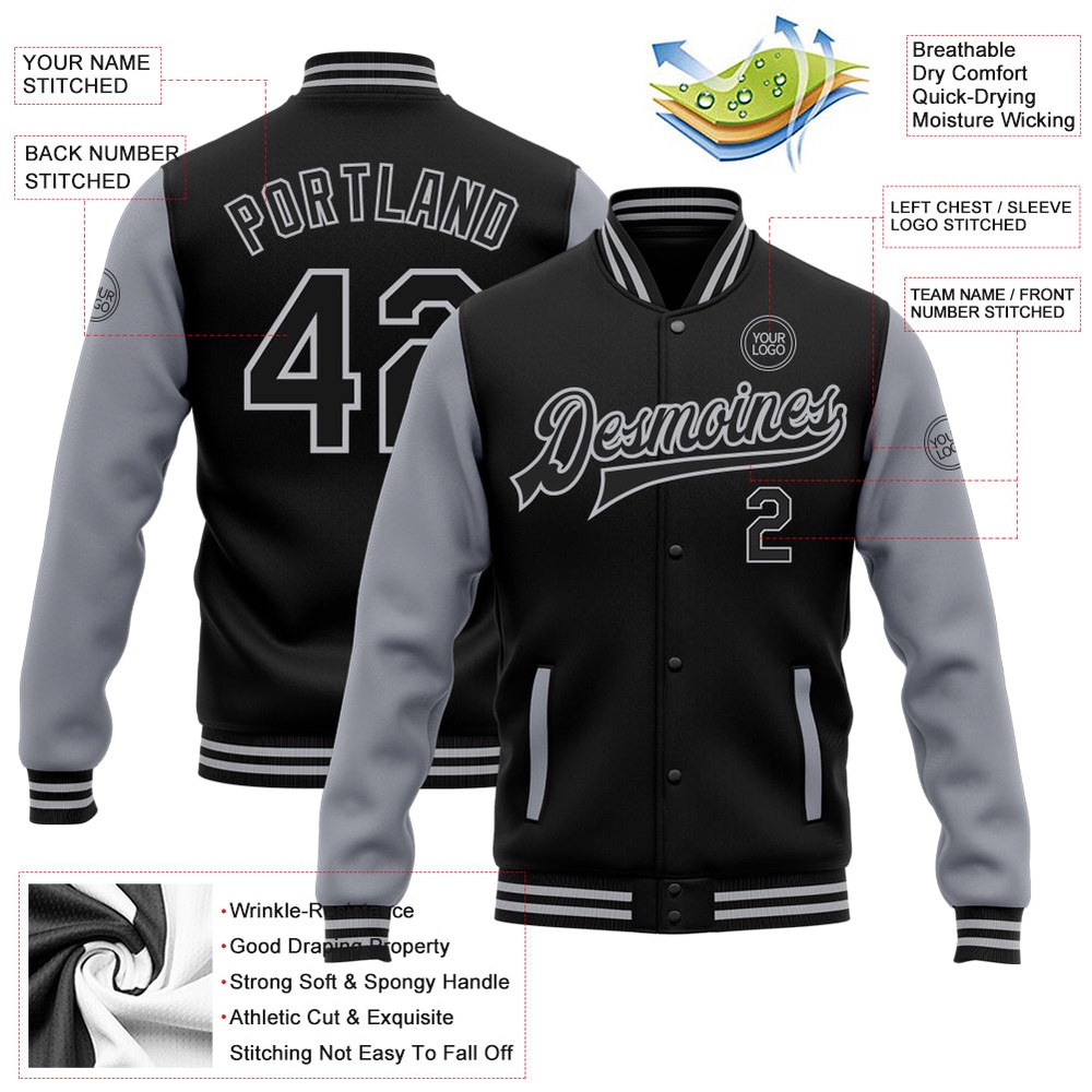Custom Black Gray Bomber Full Snap Varsity Baseball Jacket, Custom Team Jacket