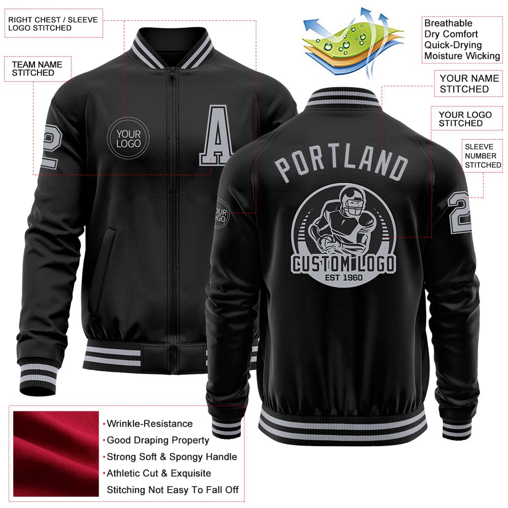 Custom Black Gray Bomber Varsity Baseball Jacket, Custom Team Jacket