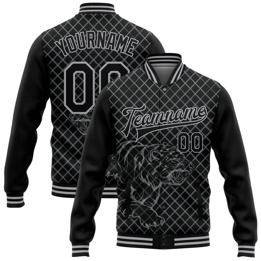 Custom Black Gray Check And Tiger 3D Pattern Design Bomber Full Snap Baseball Jacket, Custom Team Jacket
