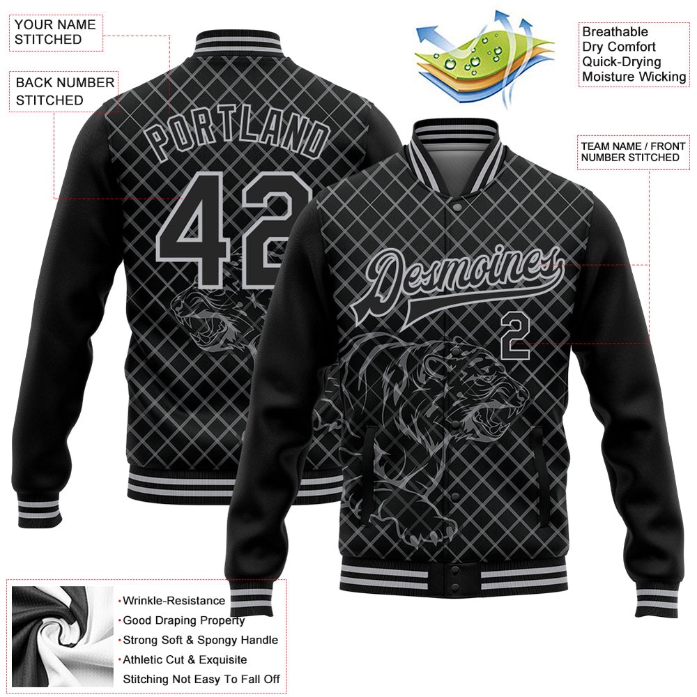 Custom Black Gray Check And Tiger 3D Pattern Design Bomber Full Snap Baseball Jacket, Custom Team Jacket