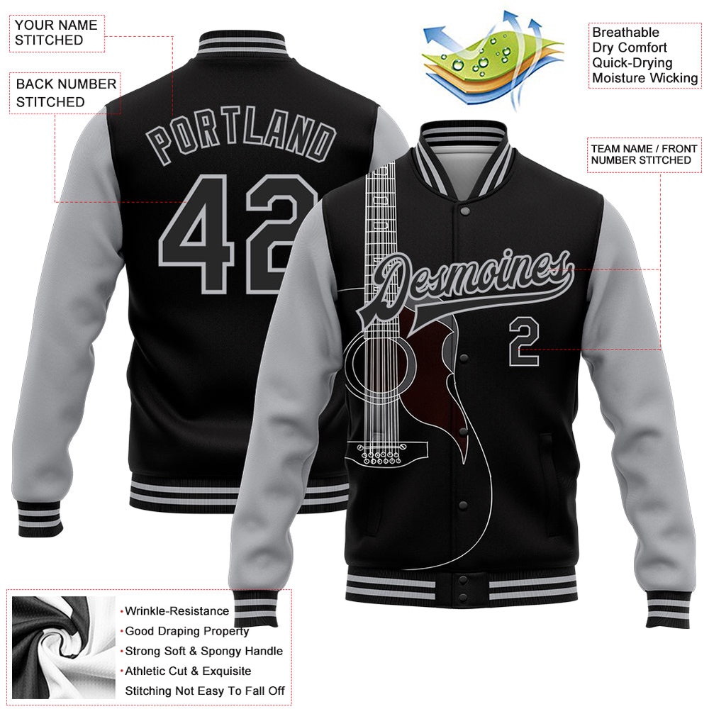 Custom Black Gray Guitar Music Festival 3D Pattern Design Bomber Full Snap Baseball Jacket, Custom Team Jacket