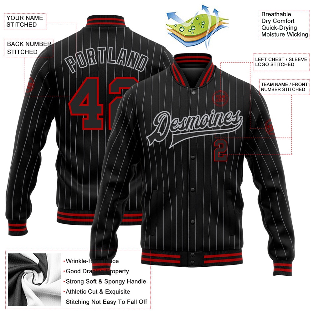 Custom Black Gray Pinstripe Red Bomber Full Snap Baseball Jacket, Custom Team Jacket