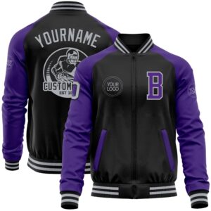 Custom Black Gray Purple Bomber Varsity Baseball&hellip;
