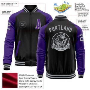 Custom Black Gray Purple Bomber Varsity Baseball&hellip;