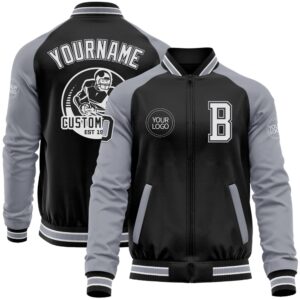 Custom Black Gray White Bomber Varsity Baseball&hellip;