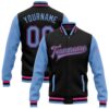 Custom Black Light Blue Pink Bomber Full Snap Baseball Jacket, Custom Team Jacket
