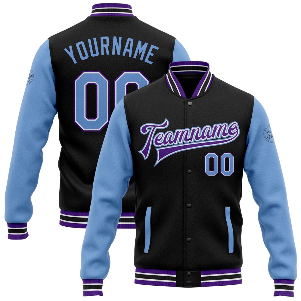 Custom Black Light Blue Purple Bomber Full Snap Varsity Baseball Jacket, Custom Team Jacket