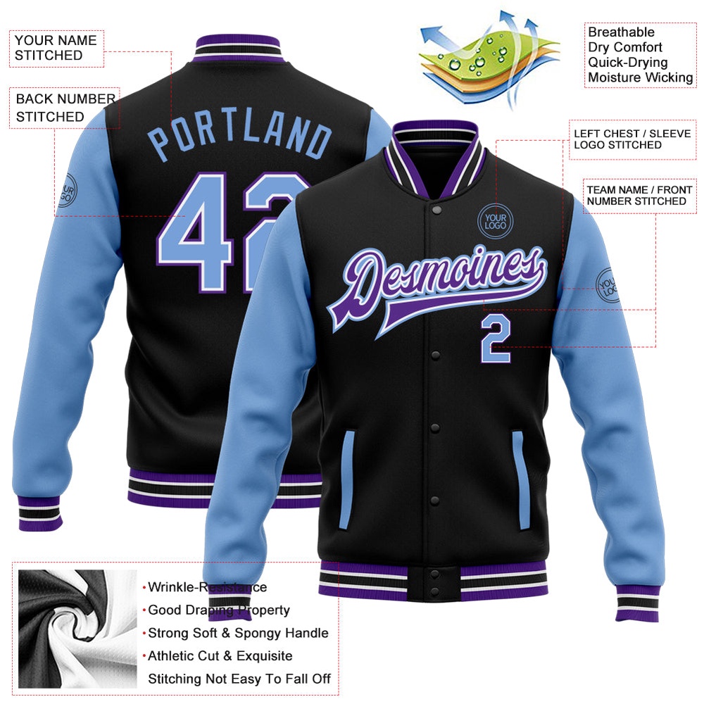 Custom Black Light Blue Purple Bomber Full Snap Varsity Baseball Jacket, Custom Team Jacket