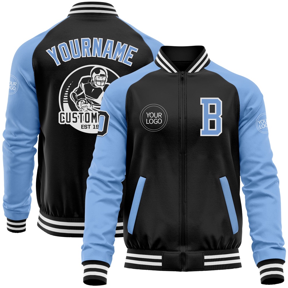 Custom Black Light Blue White Bomber Varsity Baseball Jacket, Custom Team Jacket