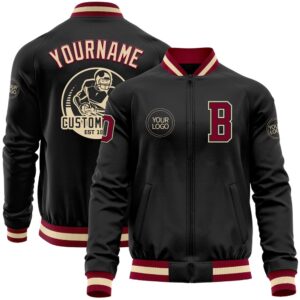 Custom Black Maroon Cream Bomber Varsity Baseball&hellip;