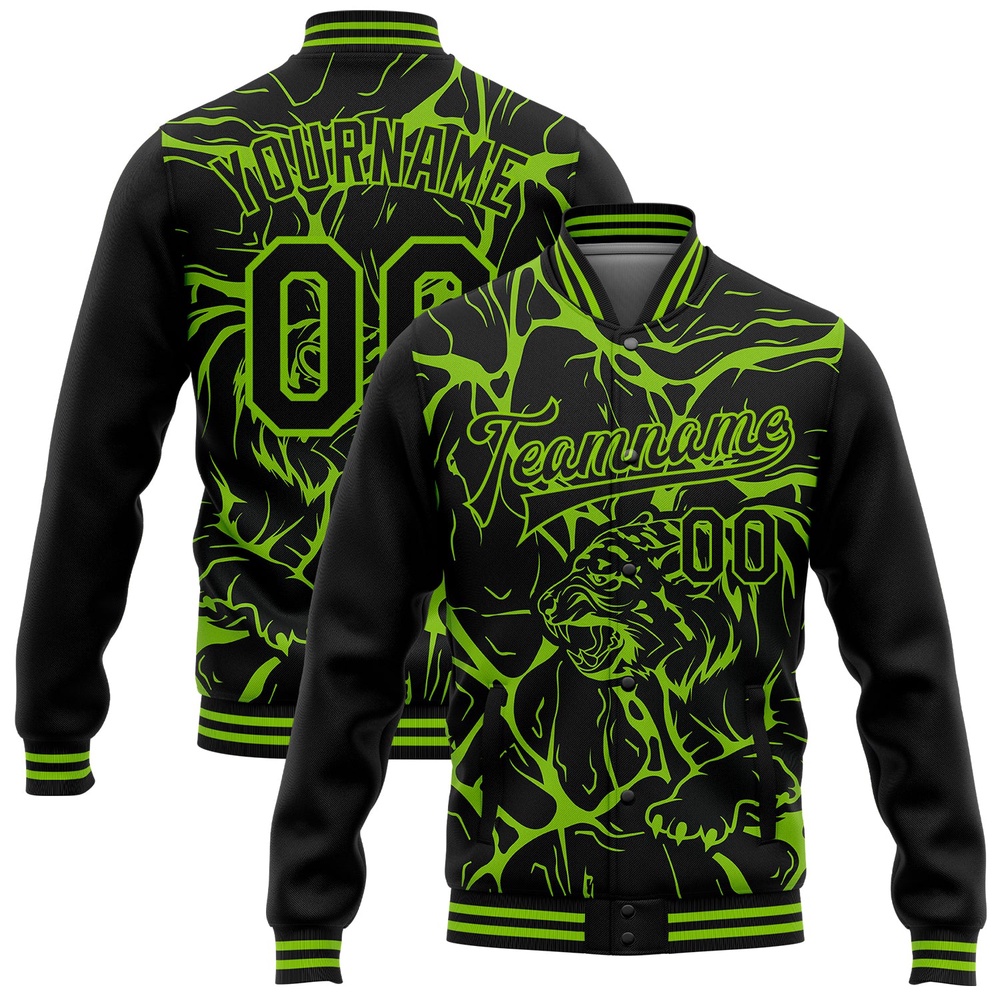 Custom Black Neon Green Abstract Network And Tiger 3D Pattern Design Bomber Full Snap Baseball Jacket, Custom Team Jacket