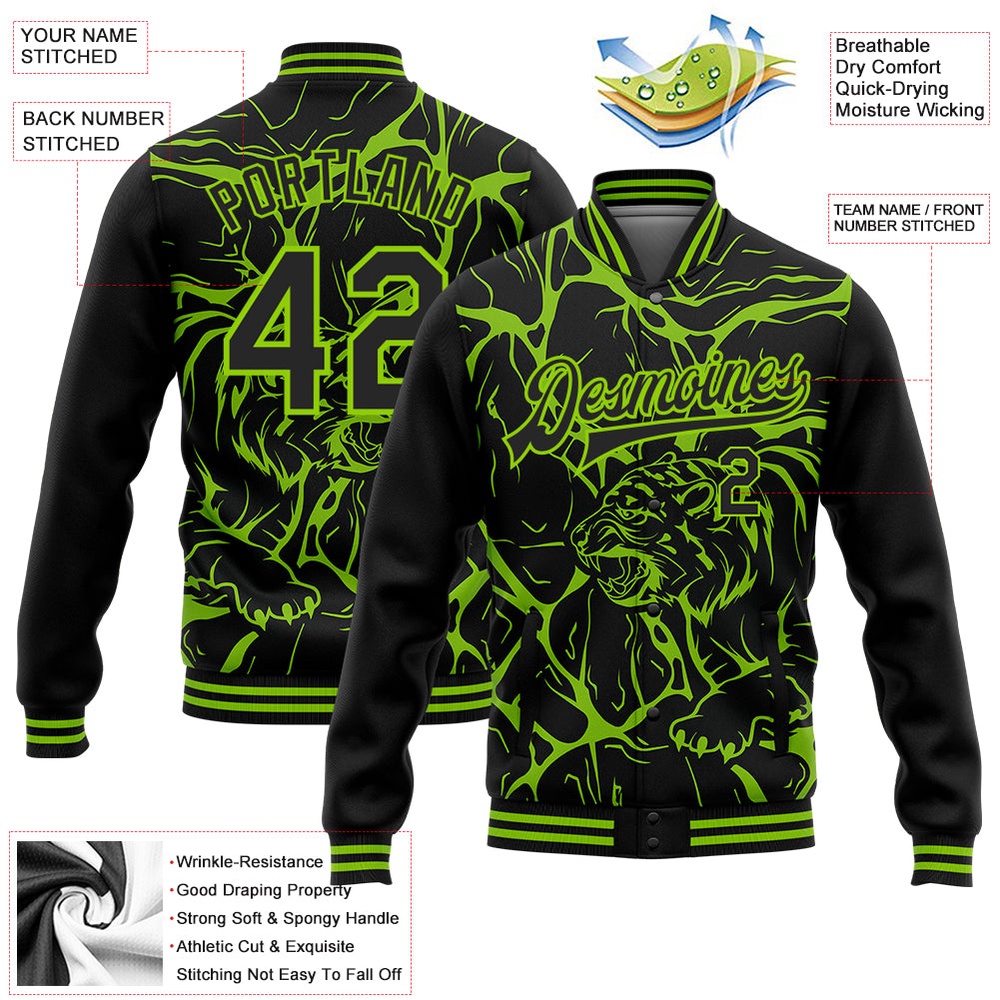 Custom Black Neon Green Abstract Network And Tiger 3D Pattern Design Bomber Full Snap Baseball Jacket, Custom Team Jacket