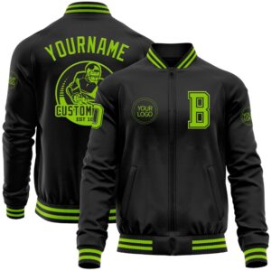 Custom Black Neon Green Bomber Varsity Baseball&hellip;