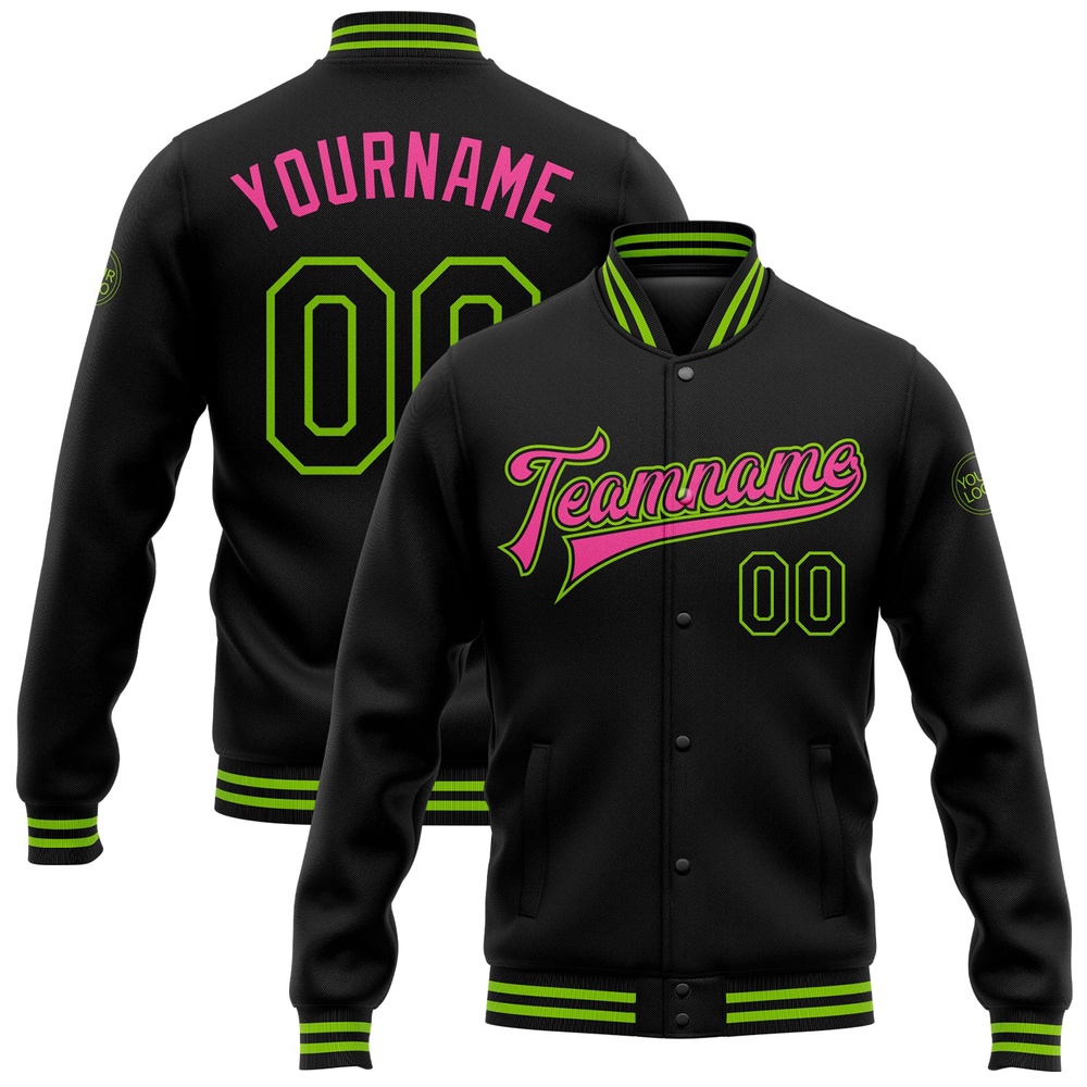Custom Black Neon Green Pink Bomber Full Snap Baseball Jacket, Custom Team Jacket