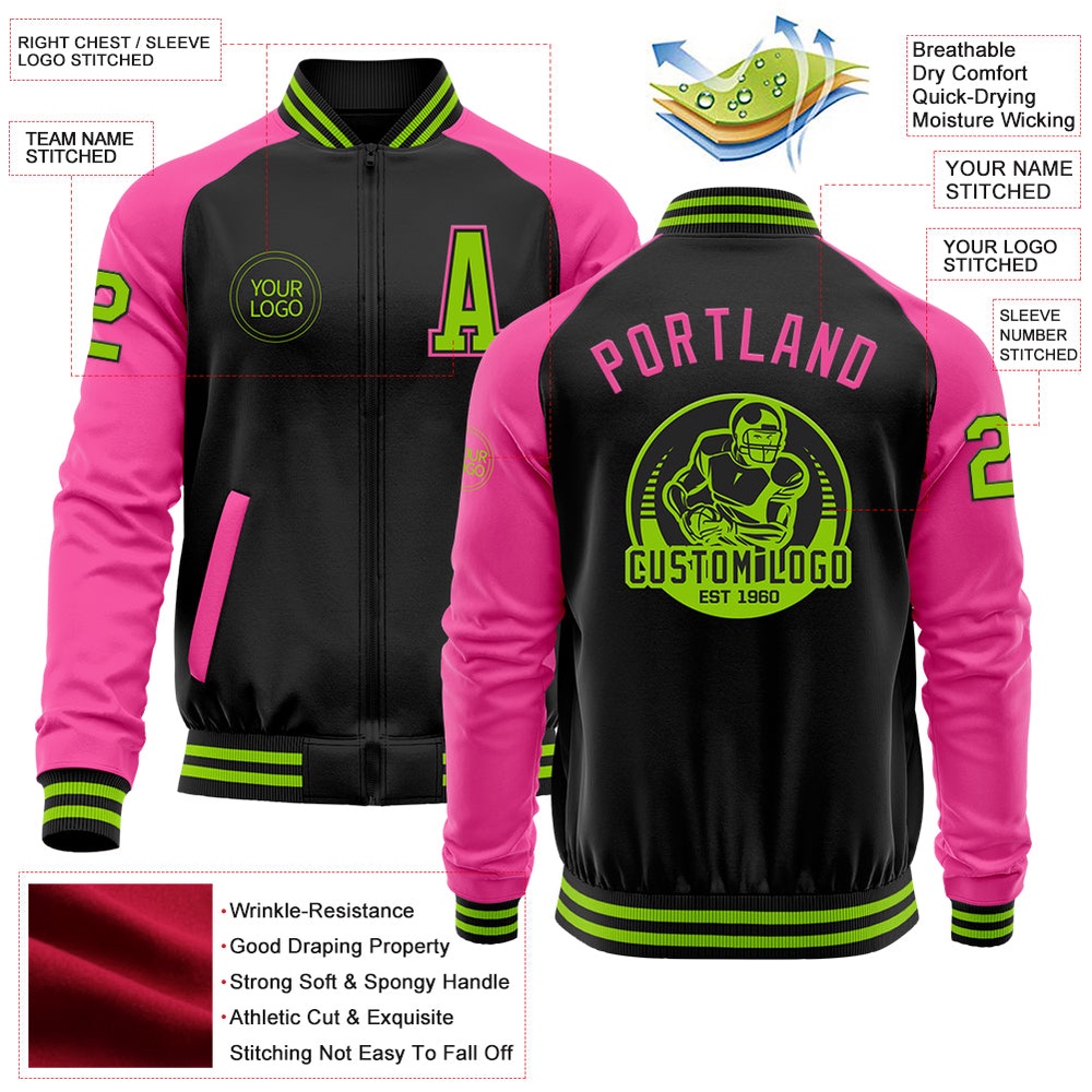 Custom Black Neon Green Pink Bomber Varsity Baseball Jacket, Custom Team Jacket