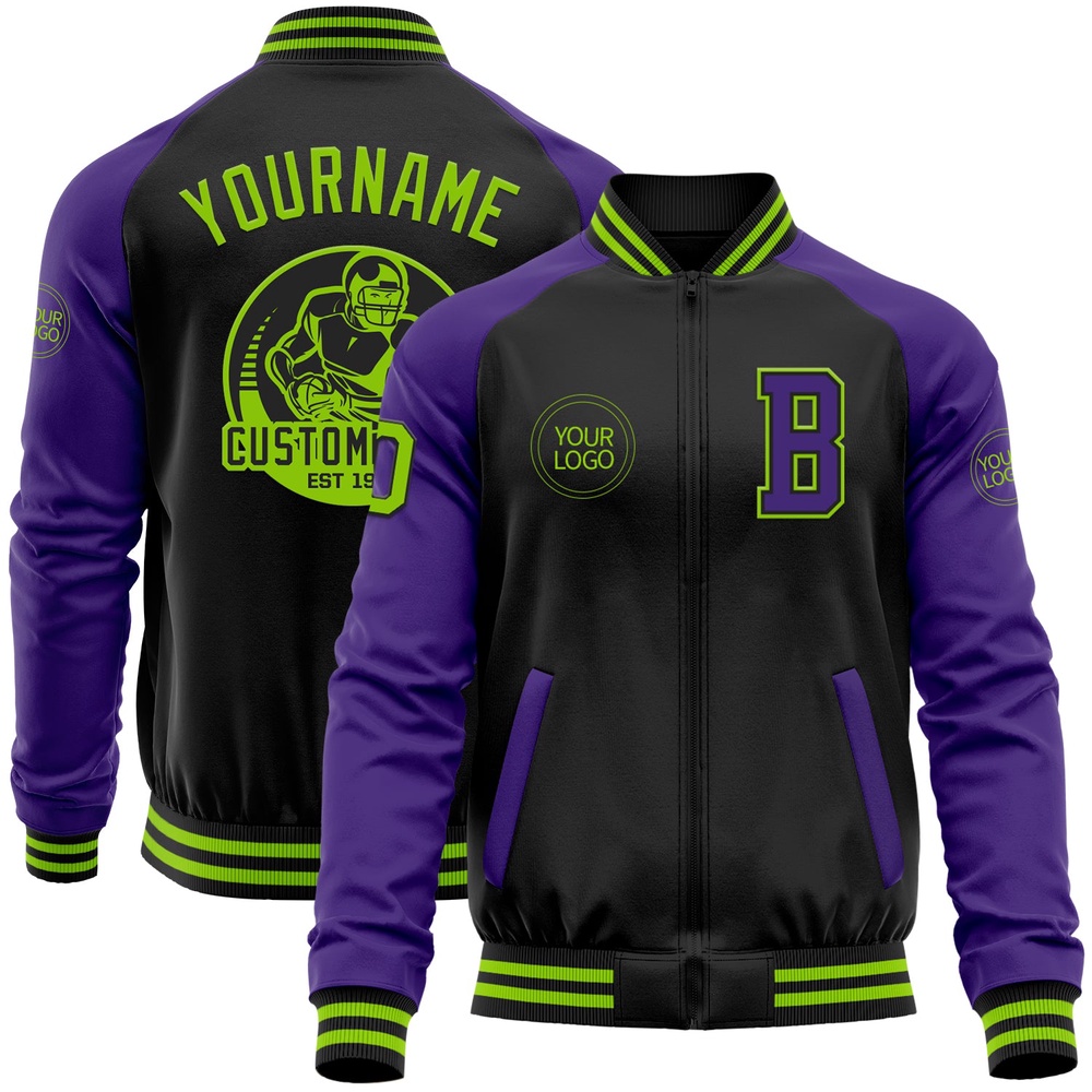 Custom Black Neon Green Purple Bomber Varsity Baseball Jacket, Custom Team Jacket