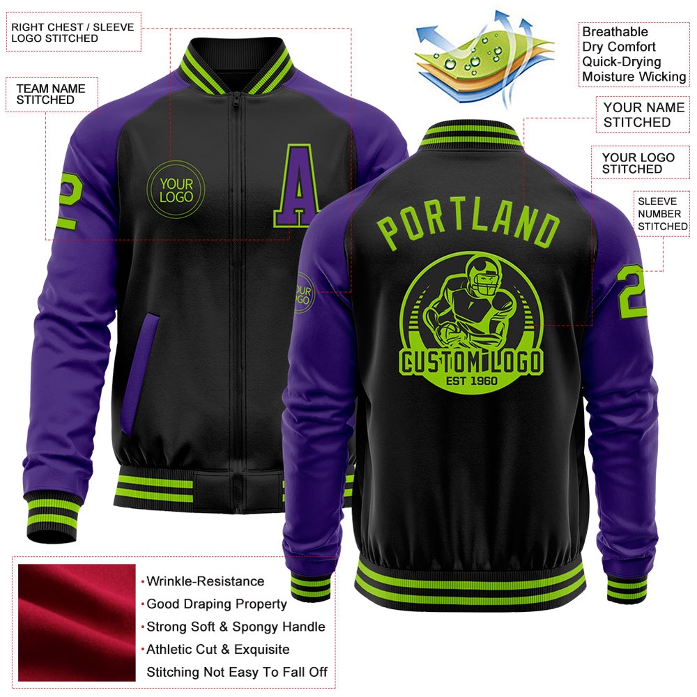 Custom Black Neon Green Purple Bomber Varsity Baseball Jacket, Custom Team Jacket