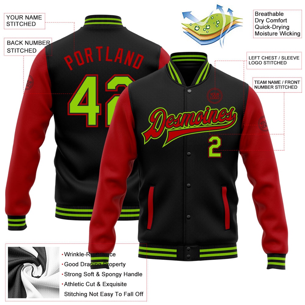 Custom Black Neon Green Red Bomber Full Snap Varsity Baseball Jacket, Custom Team Jacket