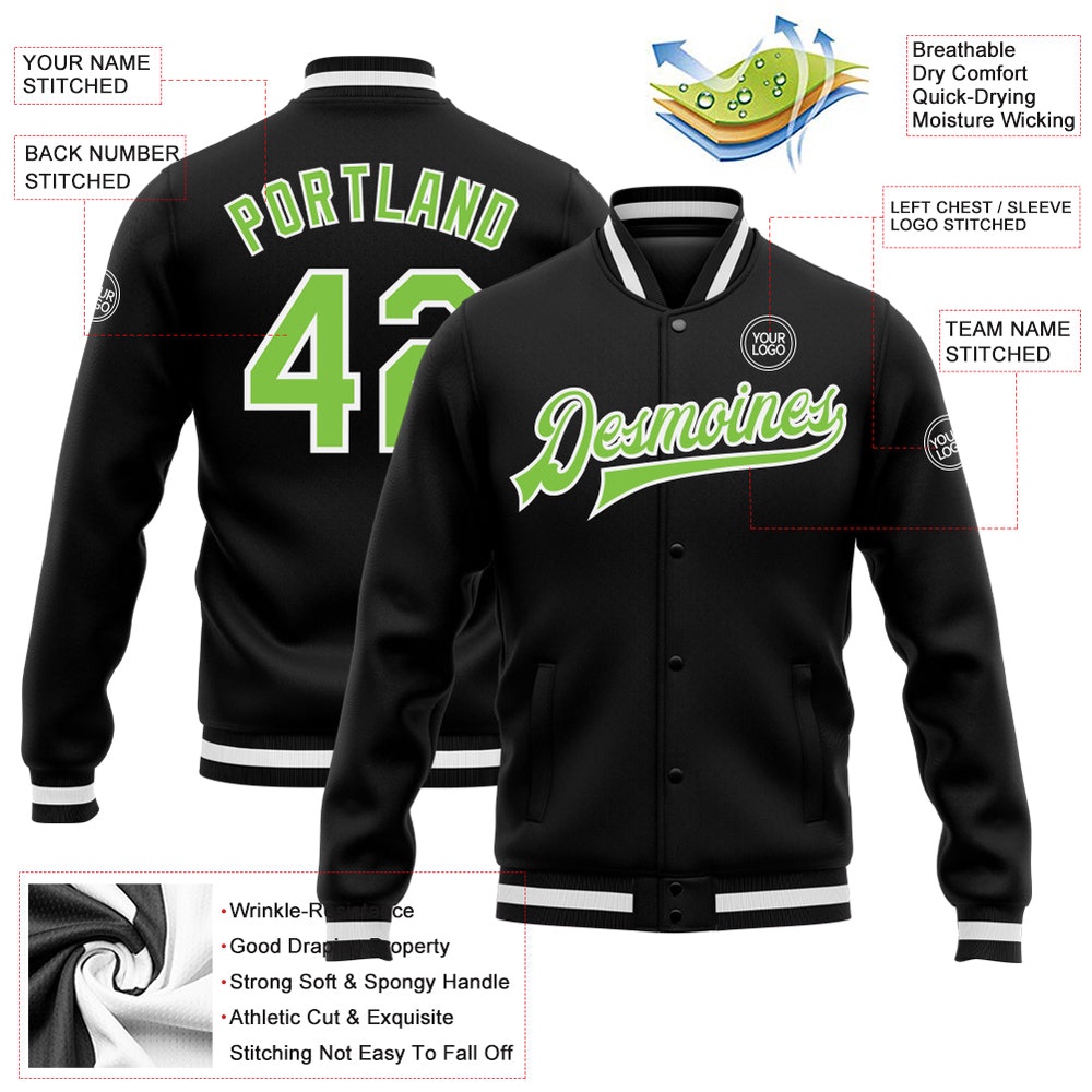 Custom Black Neon Green White Bomber Full Snap Baseball Jacket, Custom Team Jacket