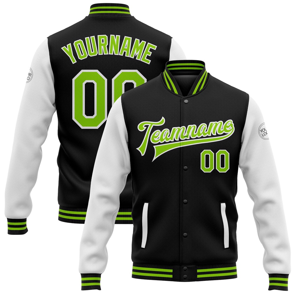 Custom Black Neon Green White Bomber Full Snap Varsity Baseball Jacket, Custom Team Jacket