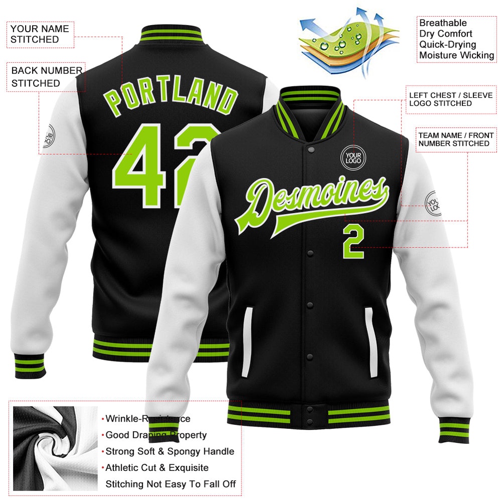 Custom Black Neon Green White Bomber Full Snap Varsity Baseball Jacket, Custom Team Jacket