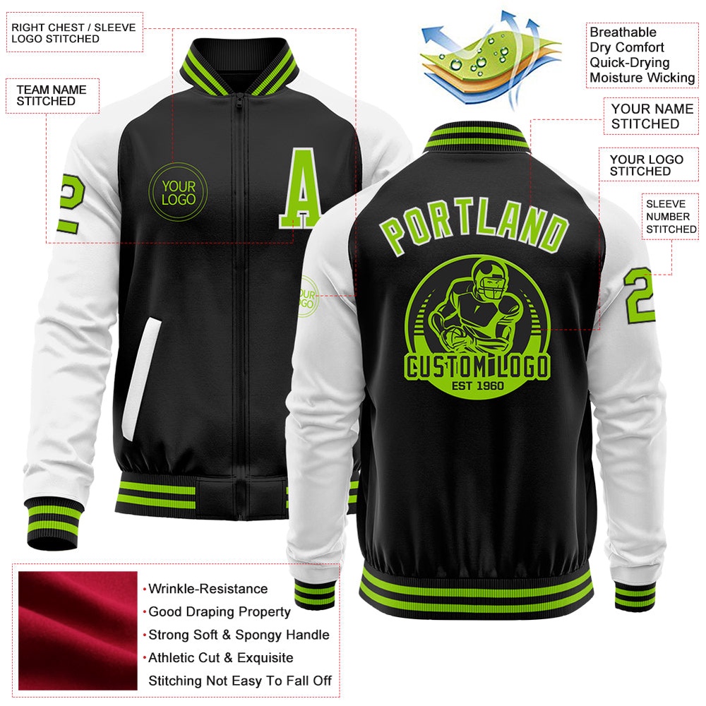 Custom Black Neon Green White Bomber Varsity Baseball Jacket, Custom Team Jacket